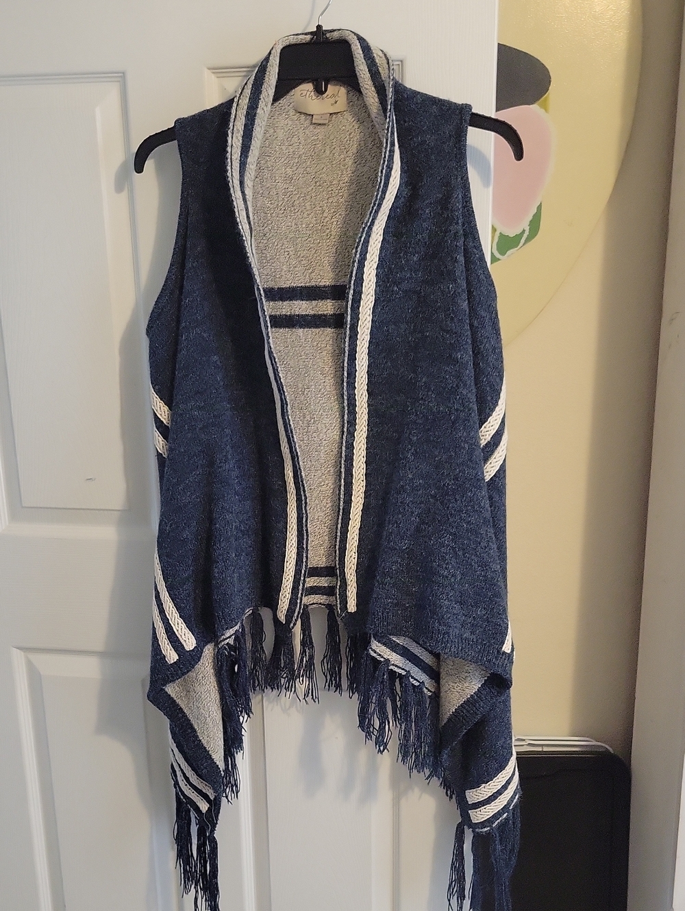 Ethereal by Paper Crane Comfy Whimsy SzSm Boho Navy Fringed Open Front Knit Vest